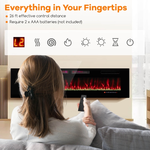 Costway 72 Inches Ultra-Thin Electric Fireplace Wall-Mounted & Recessed Fireplace Heater