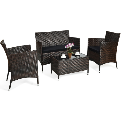Costway 4PCS Rattan Patio Furniture Set Cushioned Sofa Chair Coffee Table