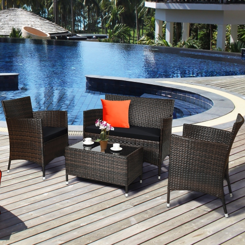 Costway 4PCS Rattan Patio Furniture Set Cushioned Sofa Chair Coffee Table