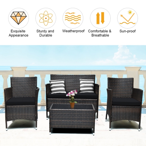 Costway 4PCS Rattan Patio Furniture Set Cushioned Sofa Chair Coffee Table