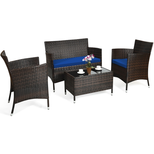 Costway 4PCS Rattan Patio Furniture Set Cushioned Sofa Chair Coffee Table