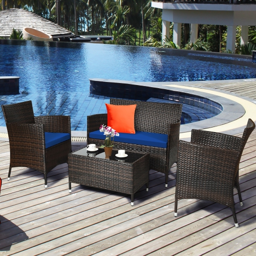 Costway 4PCS Rattan Patio Furniture Set Cushioned Sofa Chair Coffee Table