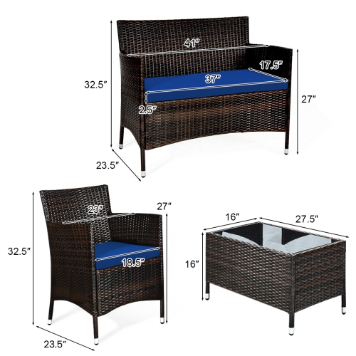 Costway 4PCS Rattan Patio Furniture Set Cushioned Sofa Chair Coffee Table