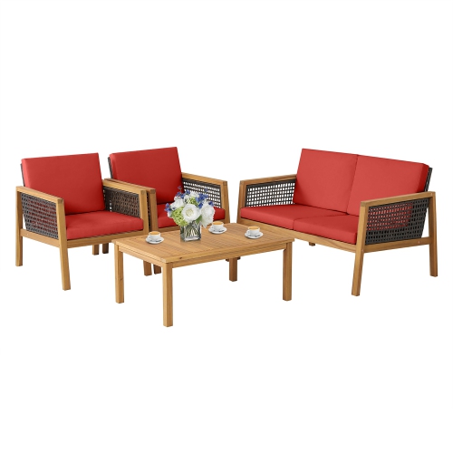 Costway 4PCS Patio Rattan Furniture Set Acacia Wood Cushioned Sofa