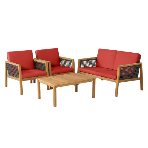 Costway 4PCS Patio Rattan Furniture Set Acacia Wood Cushioned Sofa