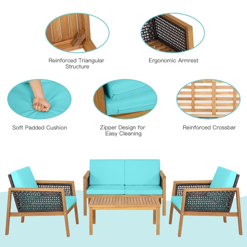 Costway 4PCS Patio Rattan Furniture Set Acacia Wood Cushioned Sofa