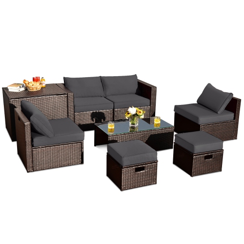 Costway 8PCS Patio Rattan Furniture Set Space-Saving Storage Cushion