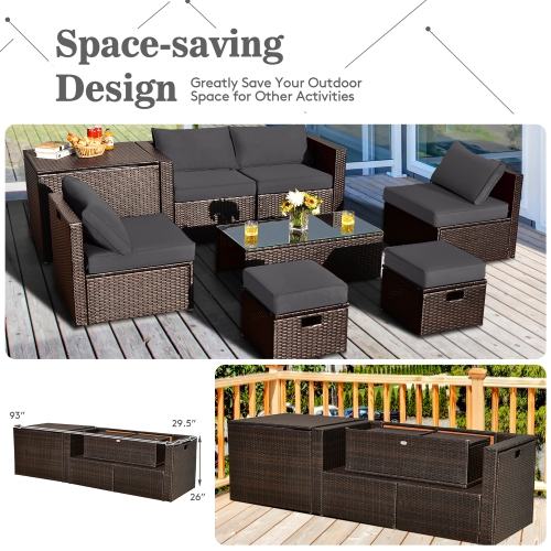 Costway 8PCS Patio Rattan Furniture Set Space-Saving Storage Cushion