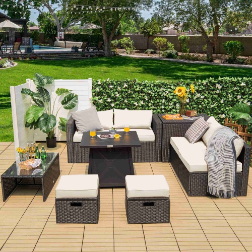 Costway 9PCS Patio Rattan Furniture Set Fire Pit Space-saving W/Cover&Cushion