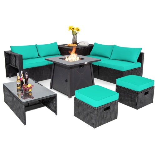Costway 9PCS Patio Rattan Furniture Set Fire Pit Space-saving W/Cover&Cushion