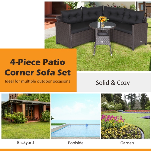 Costway 4PCS Patio Rattan Furniture Set Cushioned Sofa Glass Table Garden