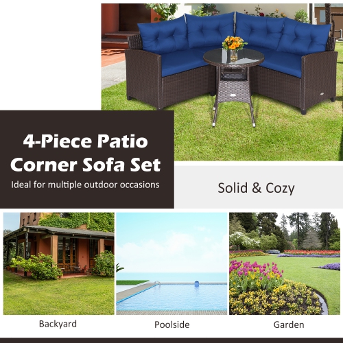 Costway 4PCS Patio Rattan Furniture Set Cushioned Sofa Glass Table Garden