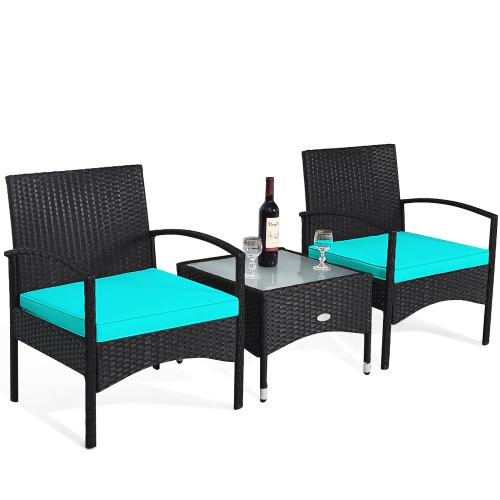 Ensemble de meubles de patio en osier de rotin 3 PCS de Costway avec table basse et 2 chaises en rotin avec coussin