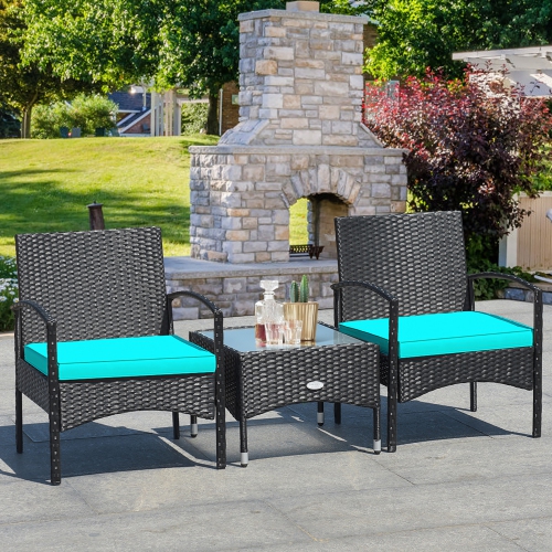 Ensemble de meubles de patio en osier de rotin 3 PCS de Costway avec table basse et 2 chaises en rotin avec coussin