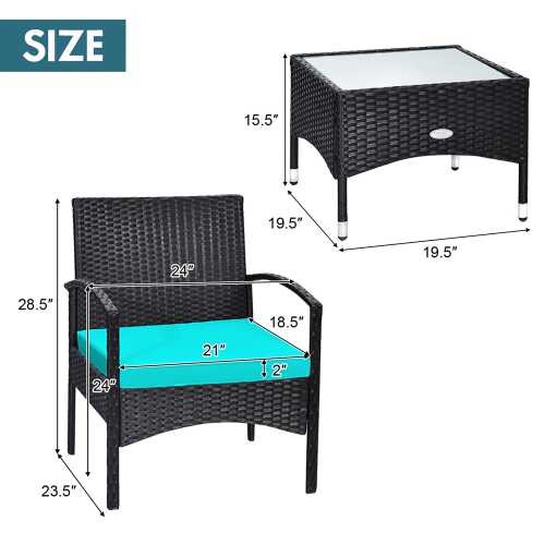 Ensemble de meubles de patio en osier de rotin 3 PCS de Costway avec table basse et 2 chaises en rotin avec coussin