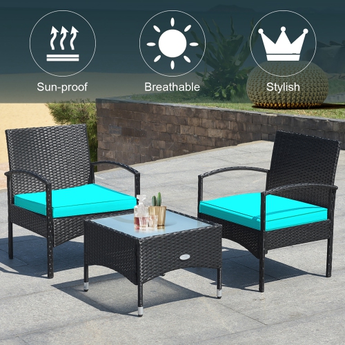 Ensemble de meubles de patio en osier de rotin 3 PCS de Costway avec table basse et 2 chaises en rotin avec coussin