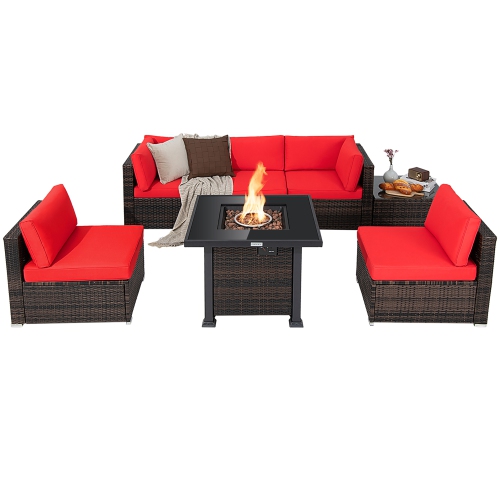 Costway 7PCS Patio Rattan Furniture Set Fire Pit Table Cover Glass Top Cushion