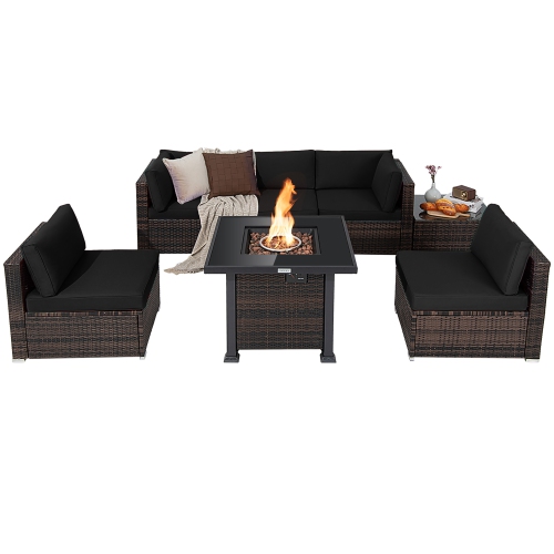 Costway 7PCS Patio Rattan Furniture Set Fire Pit Table Cover Glass Top Cushion