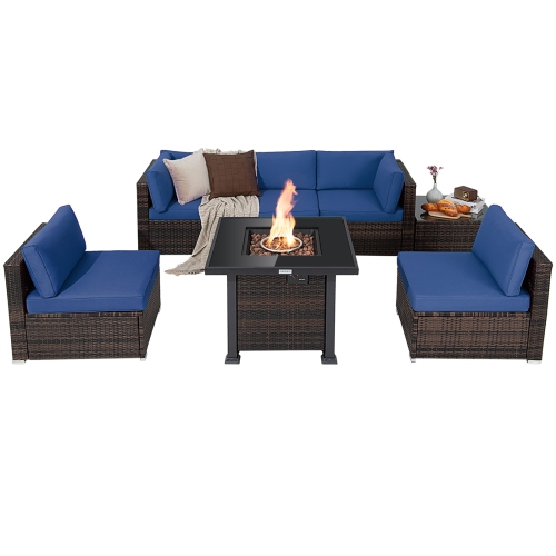 Costway 7PCS Patio Rattan Furniture Set Fire Pit Table Cover Glass Top Cushion