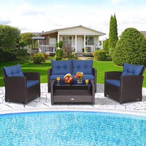 COSTWAY  4 PCs Patio Rattan Furniture Set Glass Table Shelf Sofa Cushion