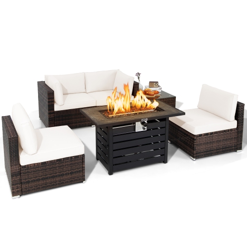 Costway 6PCS Patio Rattan Furniture Set 42" Fire Pit Table Cover Sofa Cushion