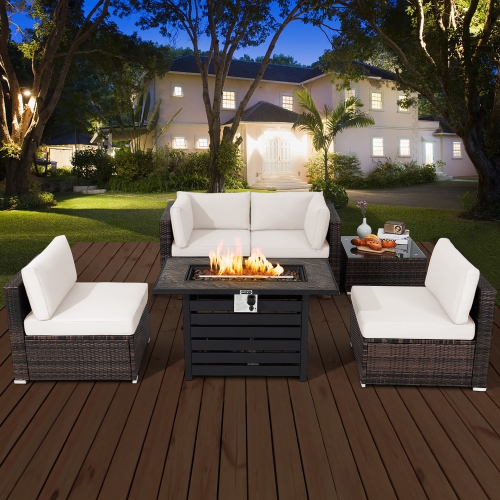 Costway 6PCS Patio Rattan Furniture Set 42" Fire Pit Table Cover Sofa Cushion