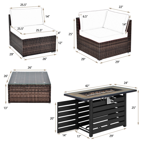 Costway 6PCS Patio Rattan Furniture Set 42" Fire Pit Table Cover Sofa Cushion