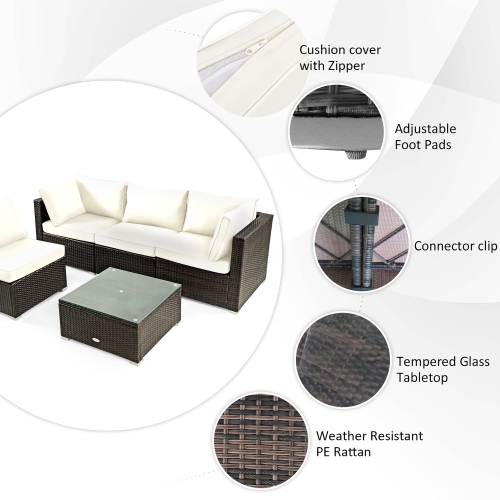 Costway 6PCS Patio Rattan Furniture Set 42" Fire Pit Table Cover Sofa Cushion