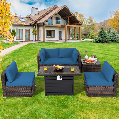 COSTWAY  6PCs Patio Rattan Furniture Set 42" Fire Pit Table Cover Sofa Cushion