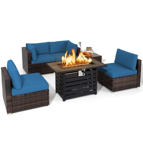 Costway 6PCS Patio Rattan Furniture Set 42" Fire Pit Table Cover Sofa Cushion