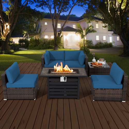 Costway 6PCS Patio Rattan Furniture Set 42" Fire Pit Table Cover Sofa Cushion