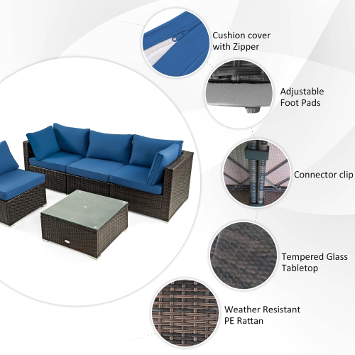 Costway 6PCS Patio Rattan Furniture Set 42" Fire Pit Table Cover Sofa Cushion