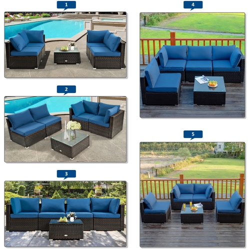 Costway 6PCS Patio Rattan Furniture Set 42" Fire Pit Table Cover Sofa Cushion