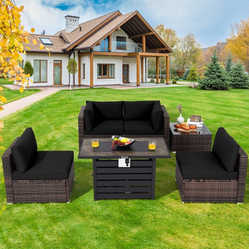 Costway 6PCS Patio Rattan Furniture Set 42" Fire Pit Table Cover Sofa Cushion