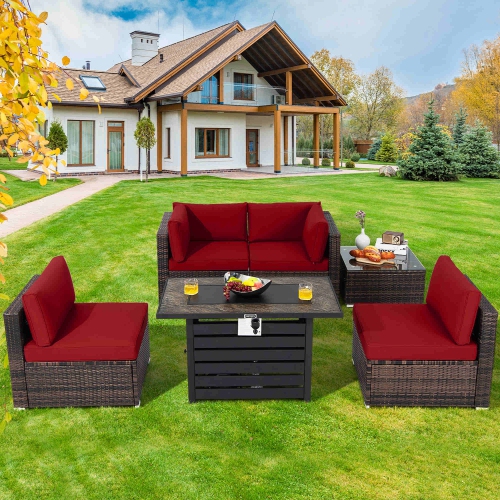Costway 6PCS Patio Rattan Furniture Set 42" Fire Pit Table Cover Sofa Cushion