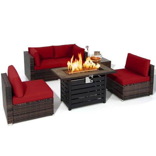 Costway 6PCS Patio Rattan Furniture Set 42" Fire Pit Table Cover Sofa Cushion