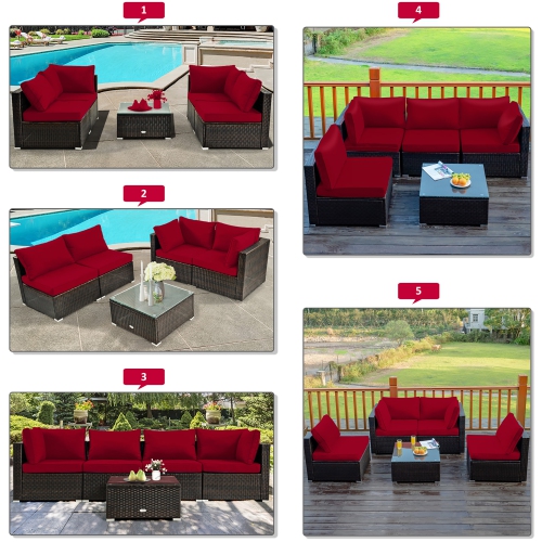 Costway 6PCS Patio Rattan Furniture Set 42" Fire Pit Table Cover Sofa Cushion
