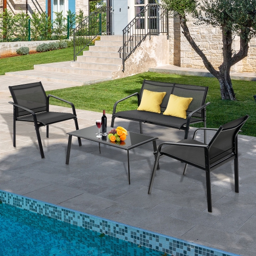 Costway 4 PCS Patio Furniture Set Loveseat Sofas Armrest Glass Table Deck