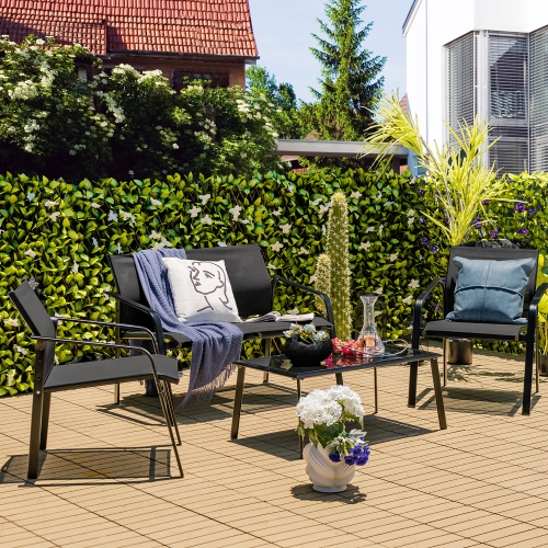 Costway 4 PCS Patio Furniture Set Loveseat Sofas Armrest Glass Table Deck