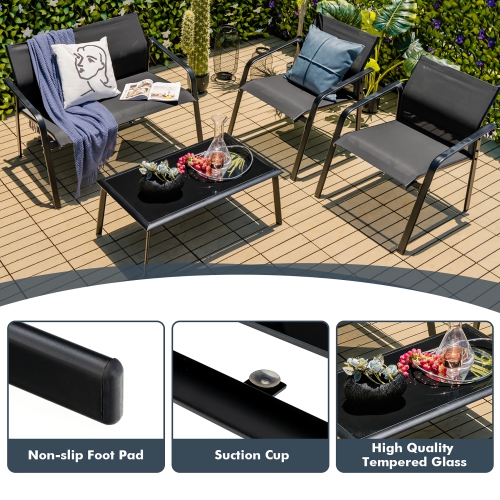 Costway 4 PCS Patio Furniture Set Loveseat Sofas Armrest Glass Table Deck