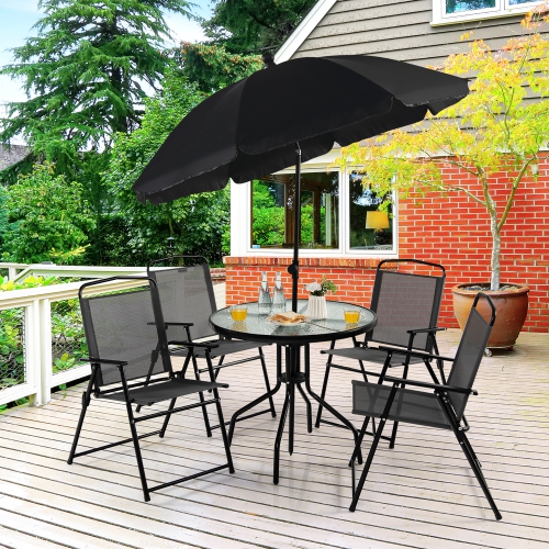 Costway 6 PCS Patio Dining Set Folding Chairs Glass Table Tilt Umbrella Garden