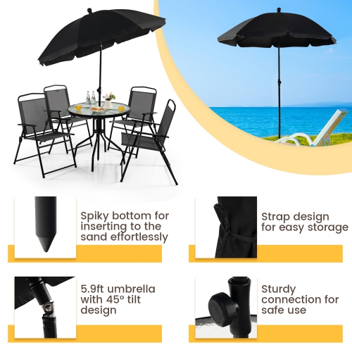Costway 6 PCS Patio Dining Set Folding Chairs Glass Table Tilt Umbrella Garden