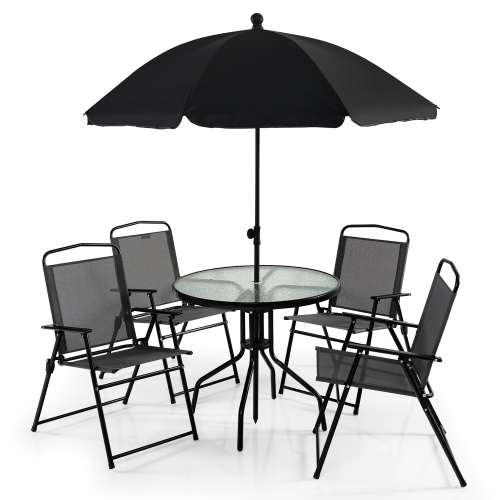 Costway 6 PCS Patio Dining Set Folding Chairs Glass Table Tilt Umbrella Garden