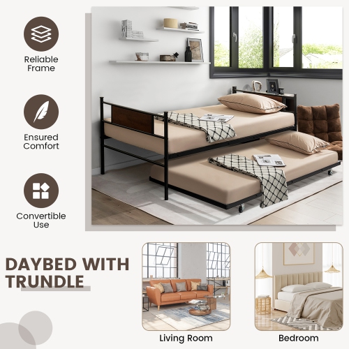 Costway Twin 2-In-1 Daybed Frame with Trundle Bed Set Steel Platform Sofa Bed Black