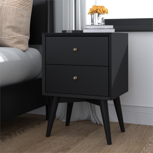 Alpine Furniture Flynn Mid Century Modern Wood 2 Drawer Nightstand in Black