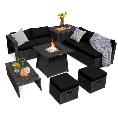 Costway 9PCS Patio Rattan Furniture Set Fire Pit Space-saving W/Cover&Cushion