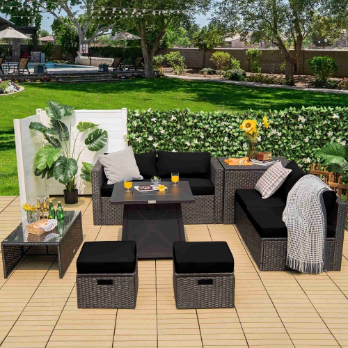 Costway 9PCS Patio Rattan Furniture Set Fire Pit Space-saving W/Cover&Cushion