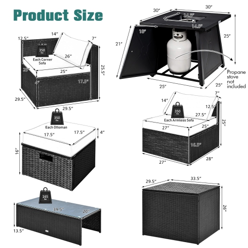Costway 9PCS Patio Rattan Furniture Set Fire Pit Space-saving W/Cover&Cushion