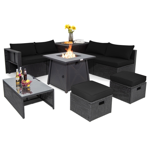 Costway 9PCS Patio Rattan Furniture Set Fire Pit Space-saving W/Cover&Cushion