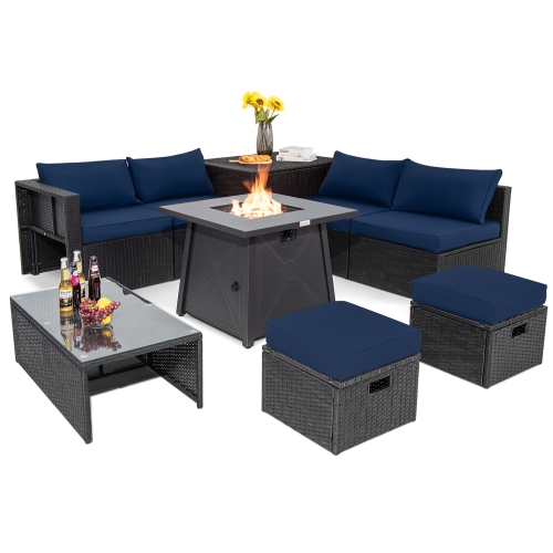 Costway 9PCS Patio Rattan Furniture Set Fire Pit Space-saving W/Cover&Cushion